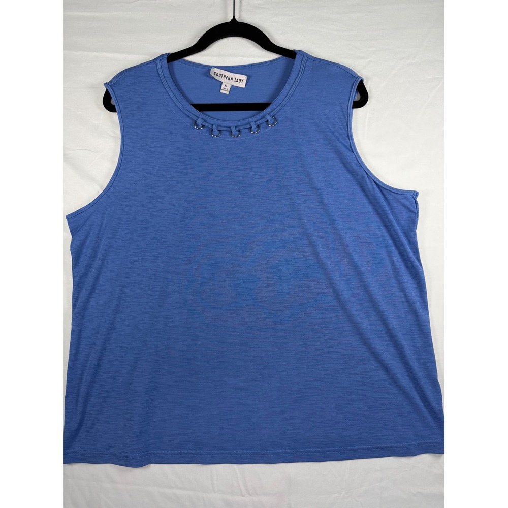 Southern Lady Blue Sleeveless Slub Knit Top Silver Ring Hardware XL cruise ready